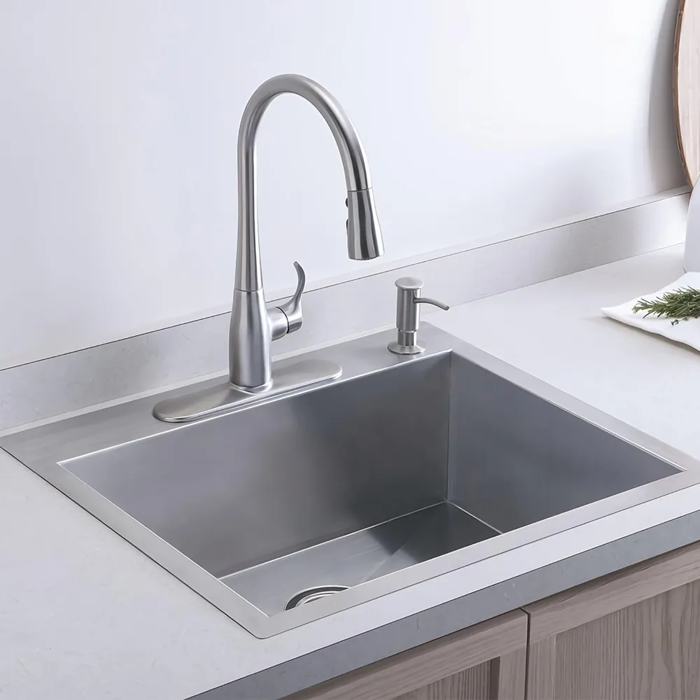 21.6x17.7 inch Drop in Kitchen Sink, Handmade 304 Stainless Steel Sink with 2 Holes, 8.6 Deep Single Bowl, R10 Tight Radius, Top