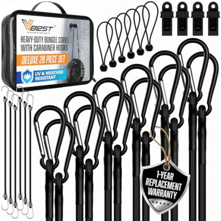 

Strong Black Bungee Cords Heavy Duty Outdoor - UV and Weather Resistant 28-Piece Assorted Sizes Set with Carabiner Hooks in Sto