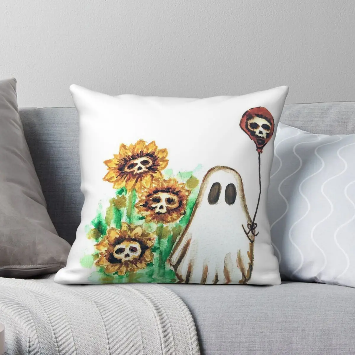Ghost With Balloons Flowers Square Pillowcase Polyester Linen Velvet Creative Zip Decor Pillow Case Home Cushion Cover Wholesale