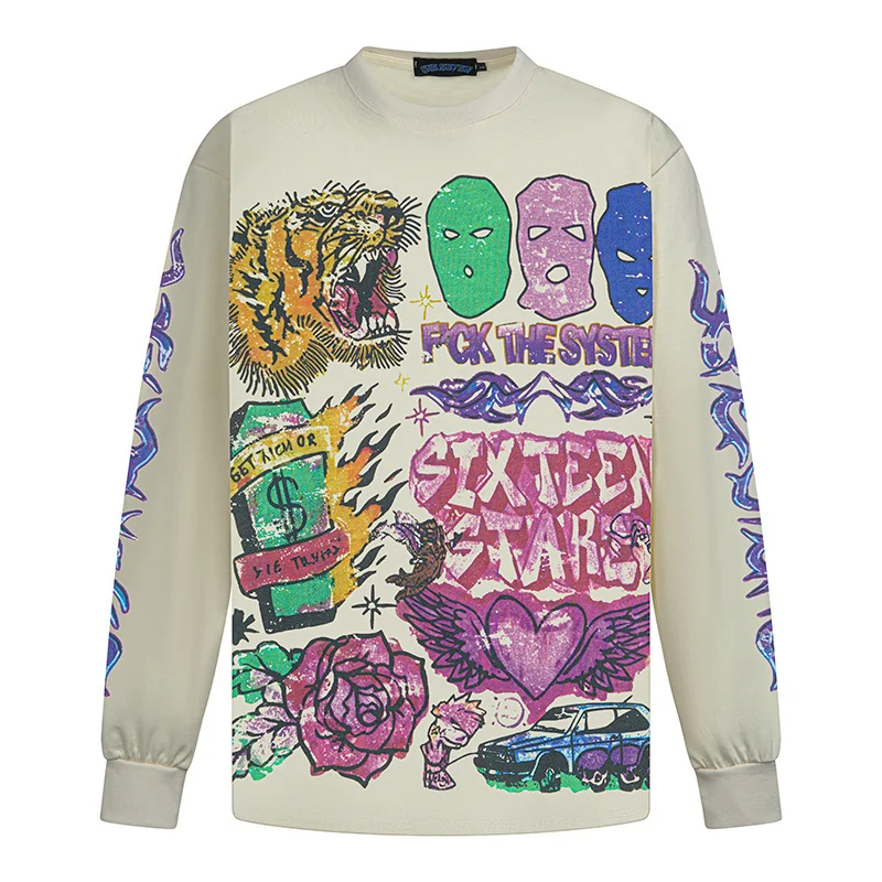 

High Street Fashion Retro Style Hip-hop Graffiti Letter Print Long Sleeved T Shirt Heavyweight Men's and Women's Loose Top Tees