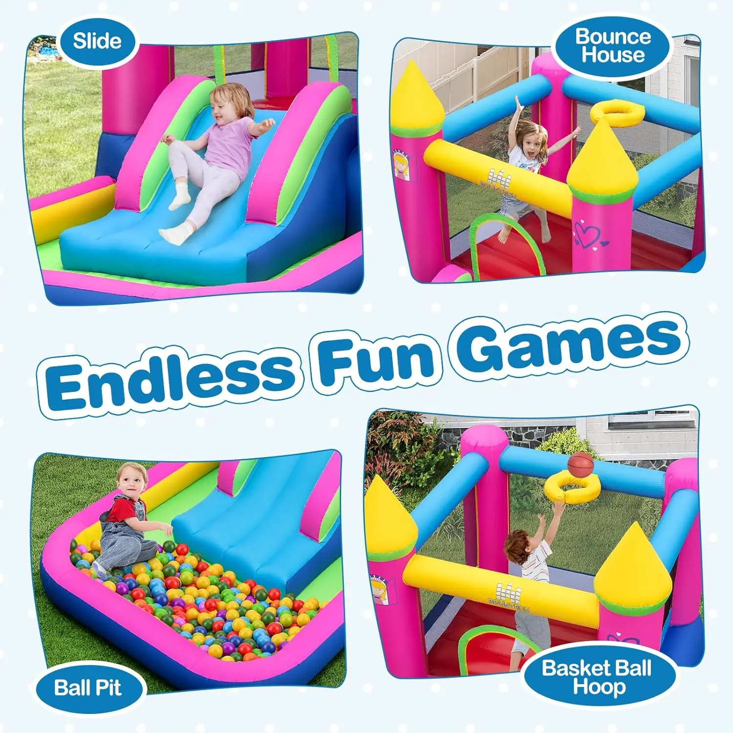 Casa inflable de rebote con pozo de pelotas, casa inflable de princesa para niños, interior y exterior con zona de salto, aro de baloncesto, soplador, Bo