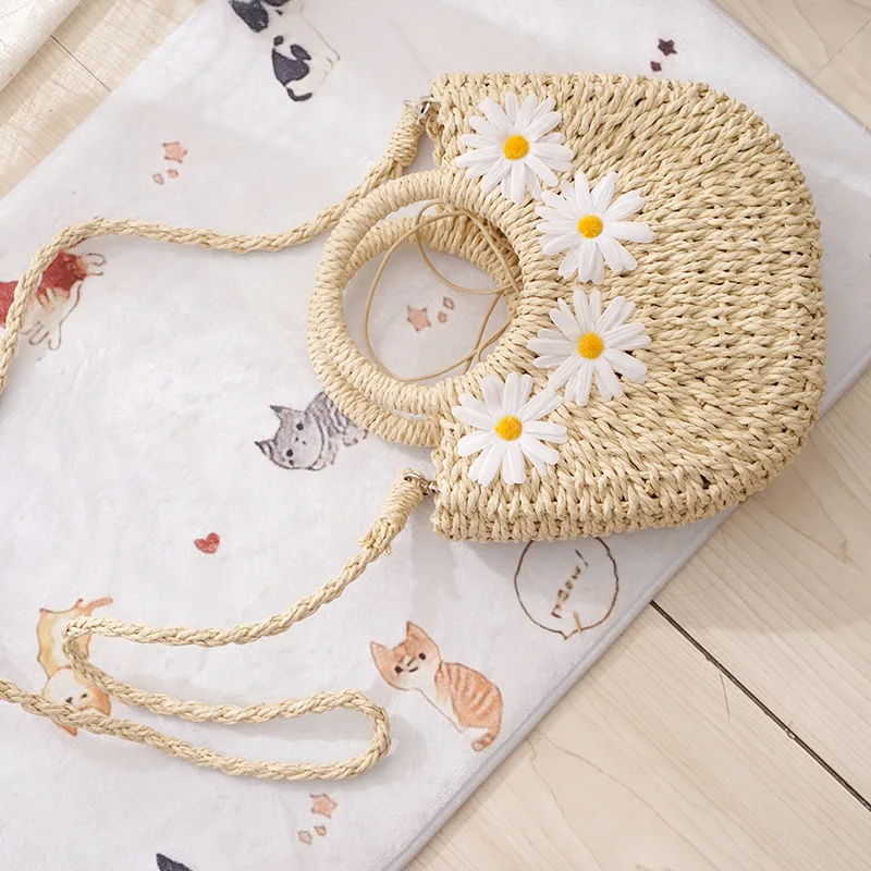 Fashion Hand-Woven Straw Beach Bags Women Handmade Moon Basket Shoulder Bag Bolsa Summer Bohemian Travel Crossbody Bags Handbags