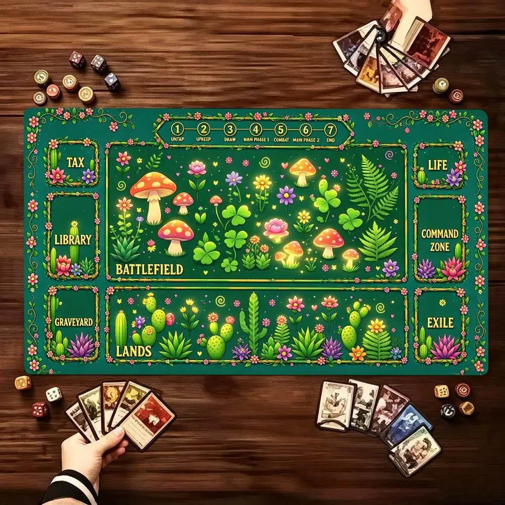 Whimsical Pixel Desert Cactus Large Game Mat Non‑Slip Rubber Playmat Retro Floral Border for TradingCard Tabletop Hobby Sessions