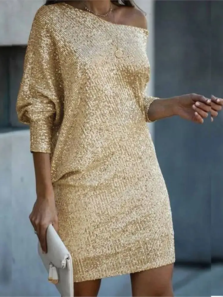 

Simplified Fashion V-neck Midi Dress Sequin Asymmetrical Shoulder Cross-border New Women's Dress Elegant Evening Gown