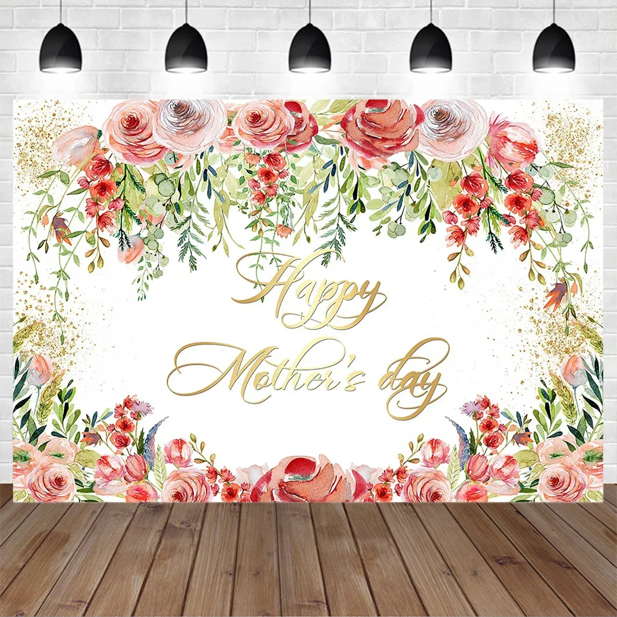 

Mother's Day Watercolor Oil Painting Flower Decoration Photography Background Green Leaves Gold Dots Backdrop Mom Family Photo