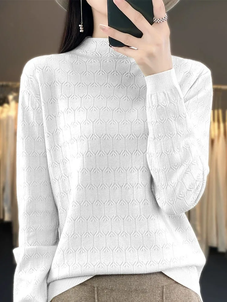Jesienno-zimowy nowy sweter damski z luźnej dzianiny wełnianej, z wysokim kołnierzem, dzianina typu camere, bazowa odzież z ażurowym wzorem.