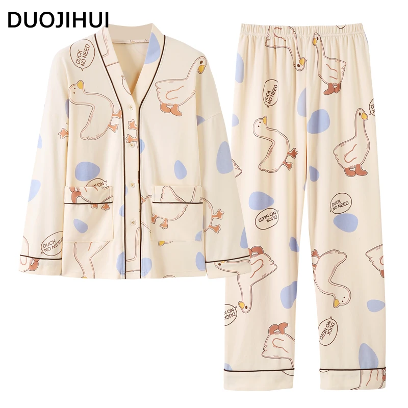 DUOJIHUI Two Piece Chic Print Simple Women's Pajamas Set Basic V-neck Button Cardigan Loose Casual Pant Fashion Female Sleepwear