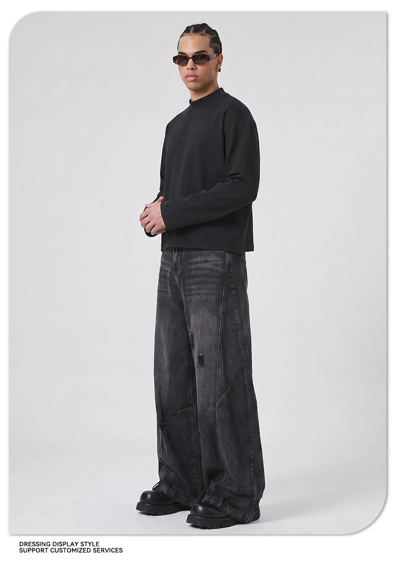 Heavy Autumn and Winter Solid Color Sweater Men's Hem Rough Edge Retro Semi-turtleneck American Pullover Sweater