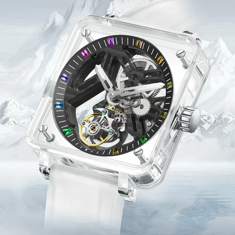 PINDU Design Tourbillon Mechanical Watch Transparent Case Sapphire Mirror Waterproof Rubber Men Wristwatches Mechanical Watch