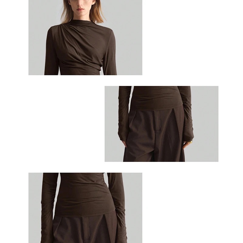 2022، أوروبي، ملابس، مرن، تي شيرت، موضة، مثير، نصف الياقة المدورة، غير منتظم، نسائي، بلايز، كم طويل، قميص سفلي، تي شيرت، 512006 #6