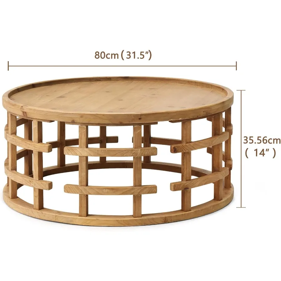 Farmhouse Round Coffee Table for Living Room, Solid Wood Boho Handcrafted Table in Natural Brown with Rustic Texture and Smooth