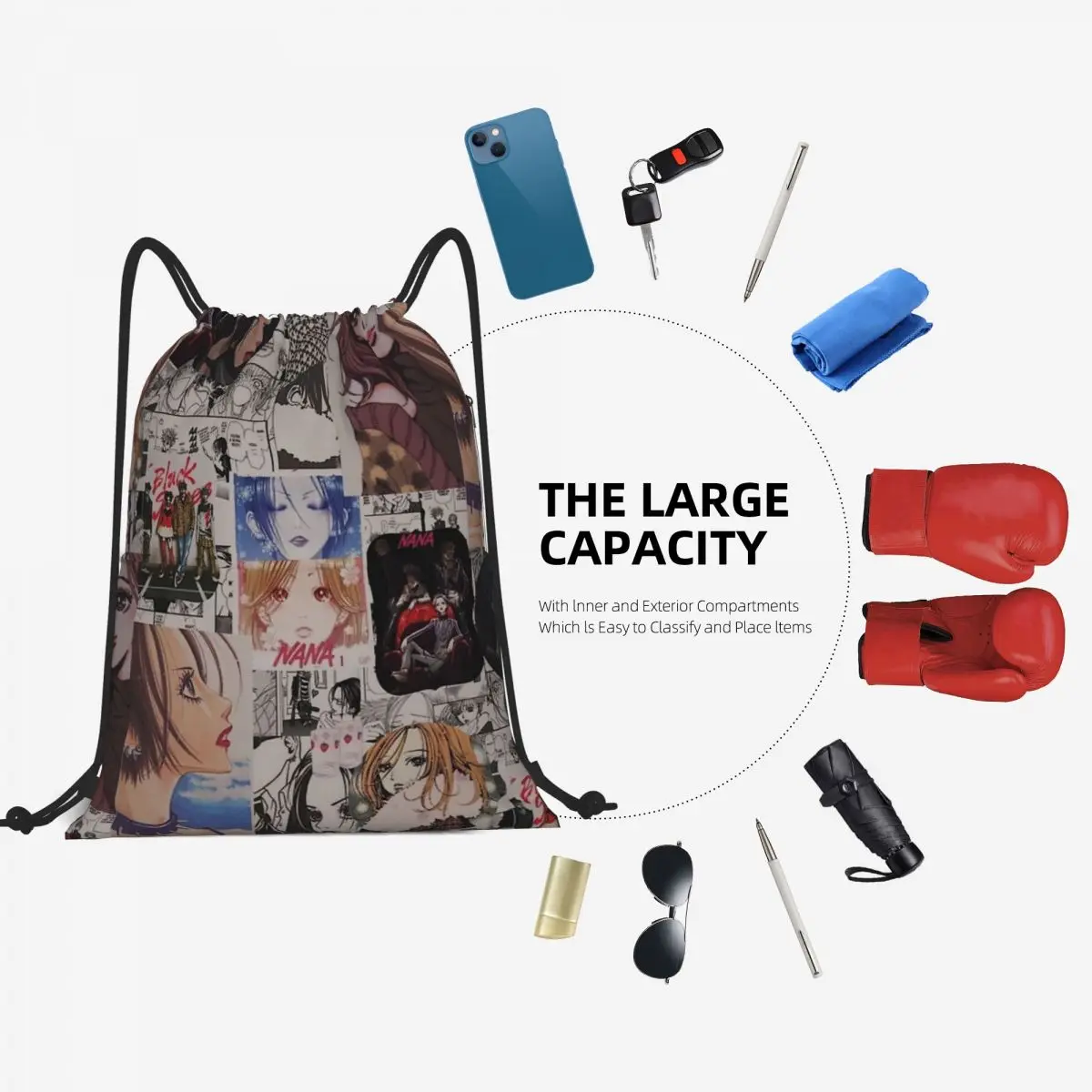 Anime Drawstring Mochila, Nana, colagem, bolsa de ombro, bolso com zíper, esportes e viagens, caminhadas, portátil