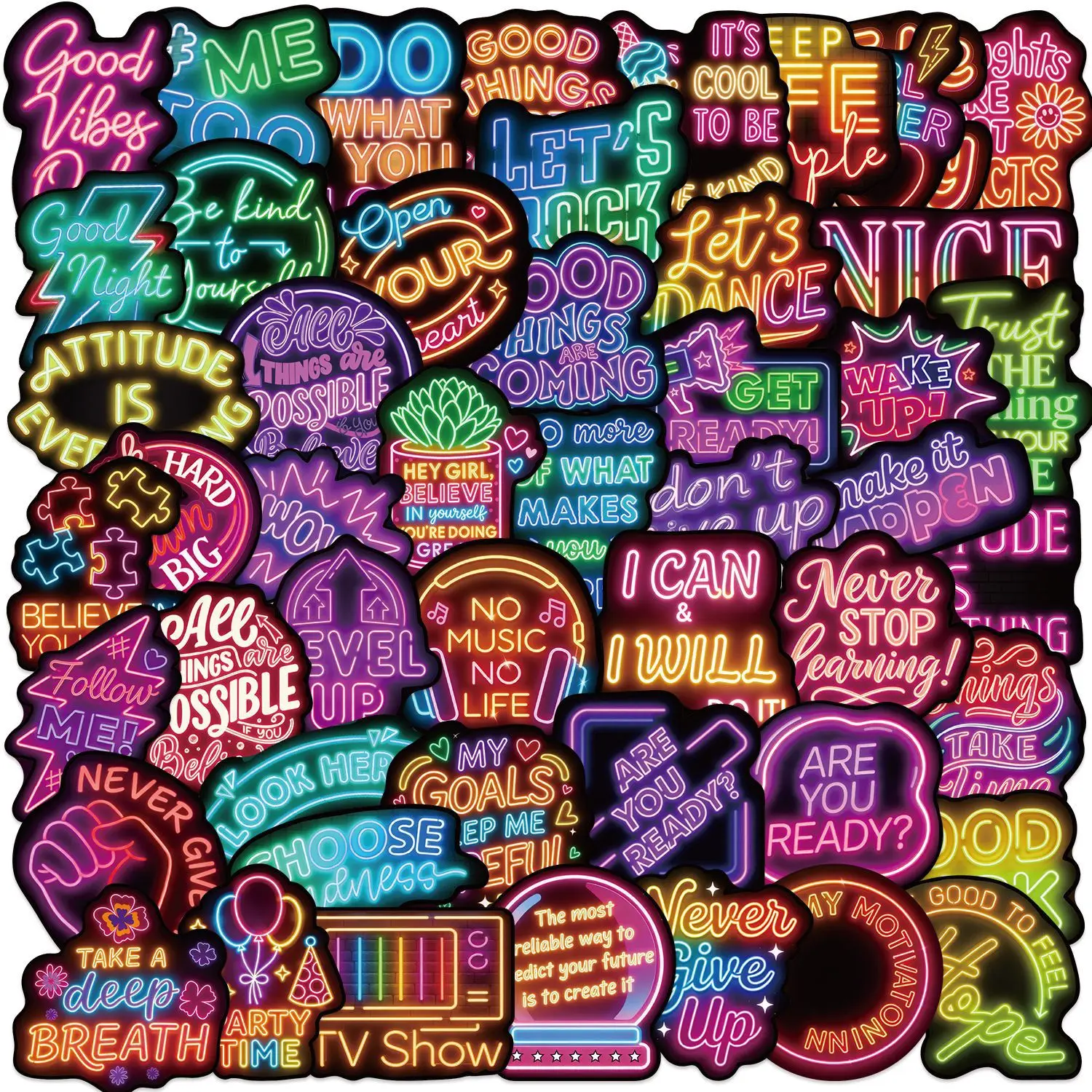 50Pcs Neon Positive Affirmation PVC Stickers Waterproof for Luggage Water Bottle Phone Case RecordingYourLife Store