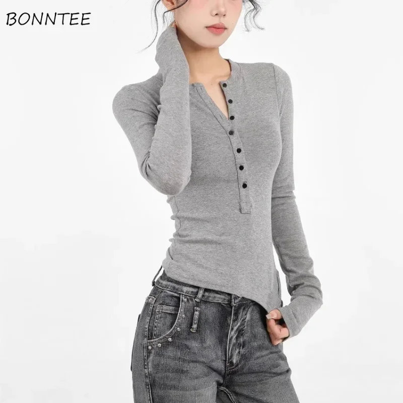 Basic T-shirts Women Solid Single Breasted Temperament All-match Slim Fit Inner Korean Fashion Trendy Cozy Autumn Casual Tops