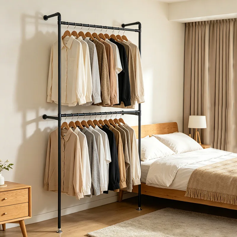 Clothing store display rack, wrought iron on the wall, clothing hanger, wall, display shelf