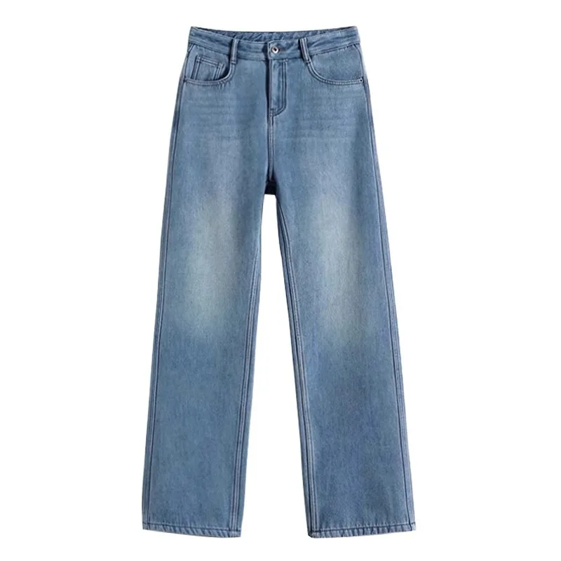 Women Thickened Fleece Jeans Lady Straight-leg Pants Light-colored Thin Pocket High-waist Jeans Student Loose Straight-leg Pants