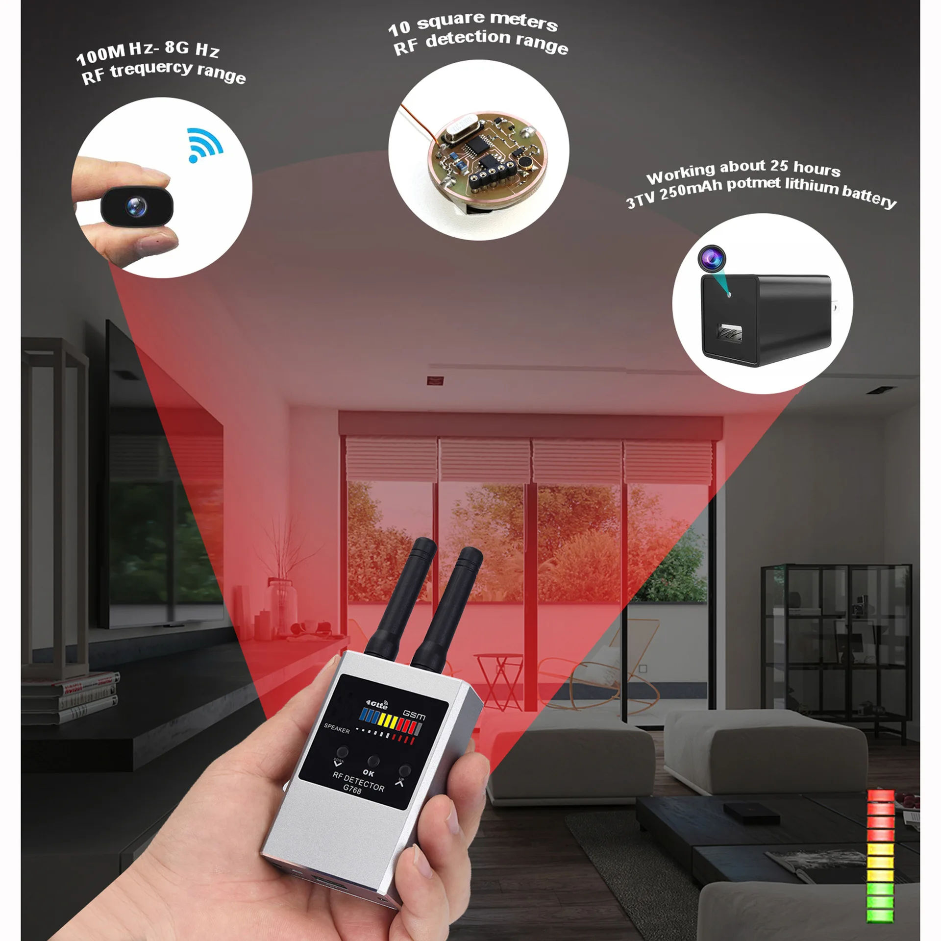 G738 anti spy gadgets RF Detector, Guard Privacy in Various Scenarios, Detect Hidden Cameras/Bugs, Adjustable Sensitivity