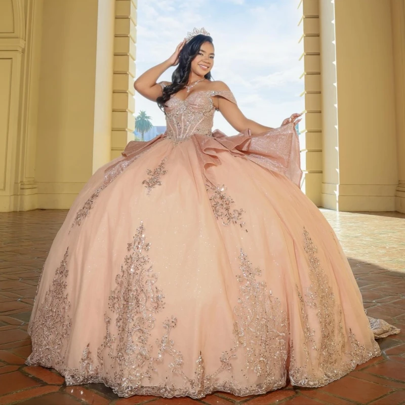 

Pink Shiny Quinceanera Dresses Off The Shoulder Applique Lace Beading Crystal Bow Tull Corset Party Birthday Sweet 16 Dress