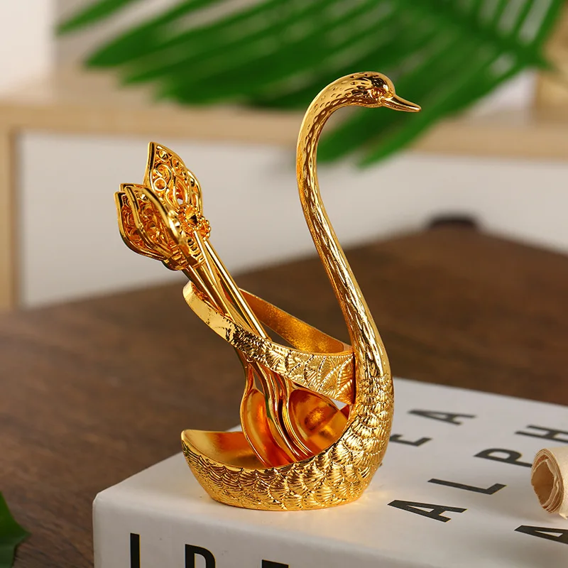 

Swan Fruit Spoon Storage Kitchen Fashion Creative Metal Craft Tableware Swan Dessert Spoon Golden Set Home