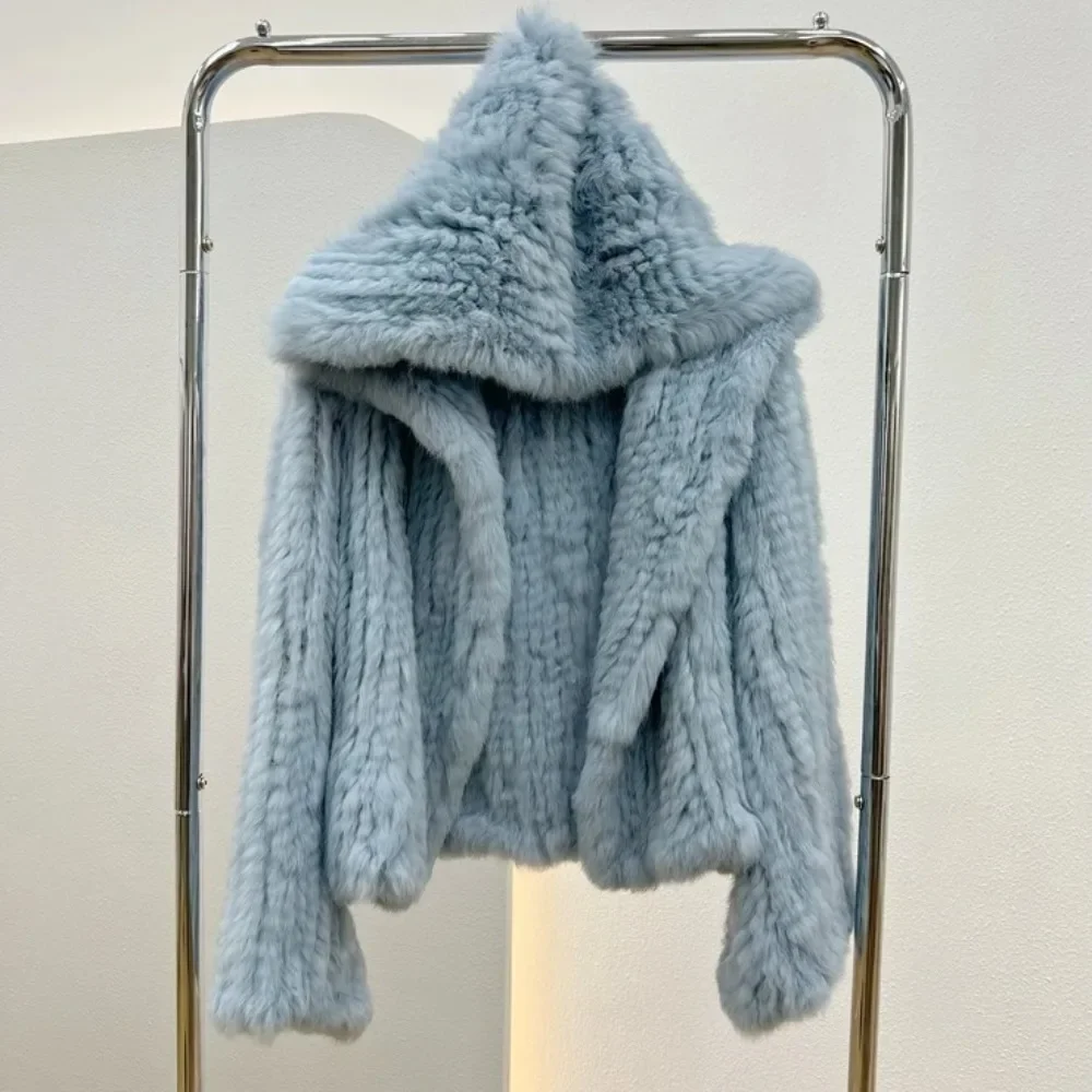 جديد فضفاض دليل نسج جودة الشارع ارتداء الخريف الشتاء سترة الفرو الطبيعي المرأة معطف فرو الأرنب الحقيقي مقنعين مضيئة الأكمام معطف