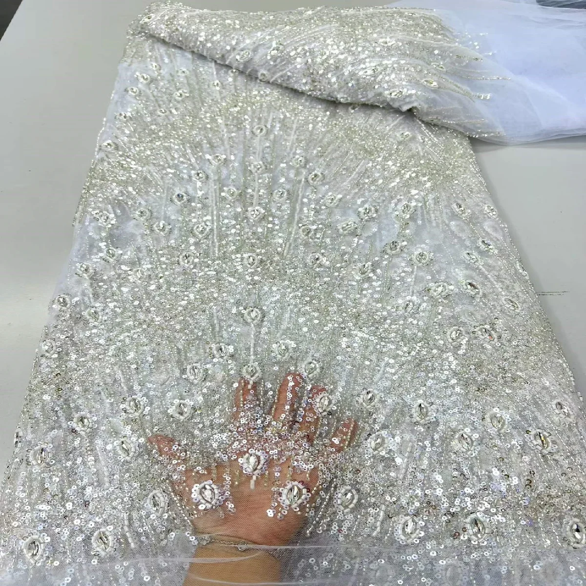 Tulle Lace Fabric Purple Rhinestone Silver Sequin Peacock Feather Embroidery Material Luxury Wedding Evening Prom Gown Cloth