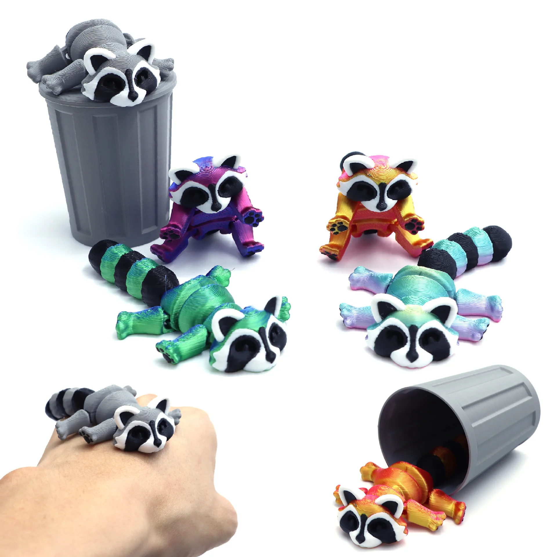 

3D Printed Articulated Raccoon Fidget Toy withTrash Can Multi-Jointed Movable Animal Landscape Decorations Desktop Home Model