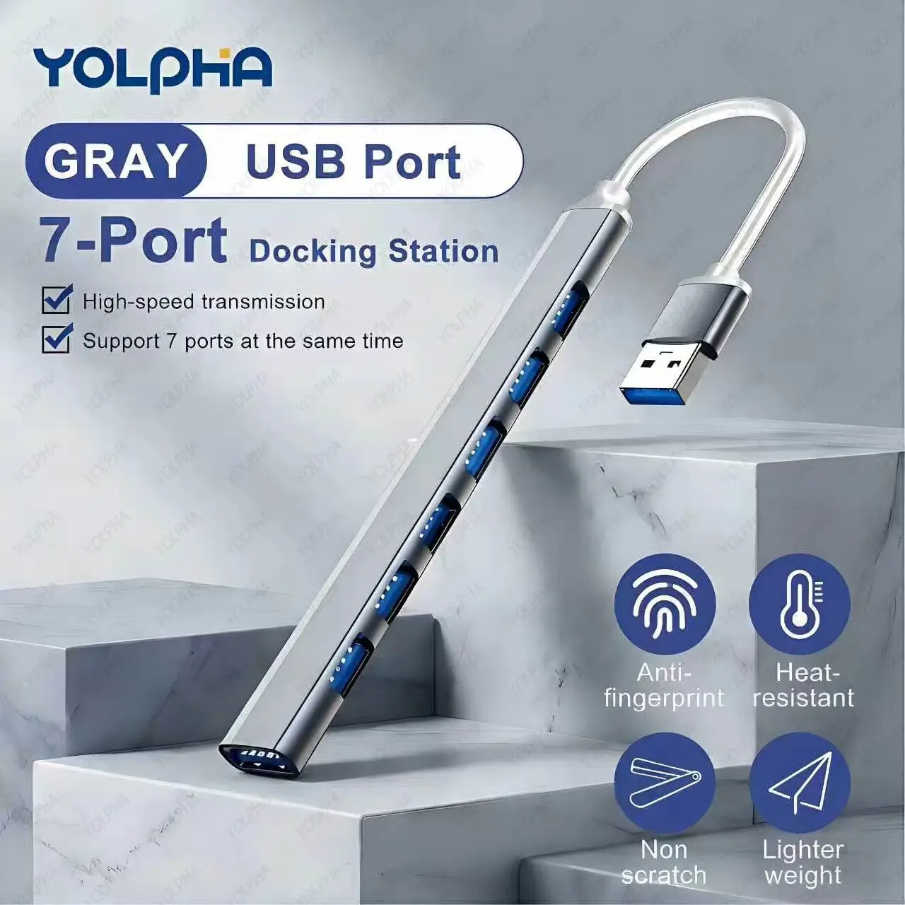 7-in-1 USB 3.0 Hub Multi Port Expander High Speed 5Gbps Data Transfer USB Splitter with Short Cable for Desktop PC Laptop Mac