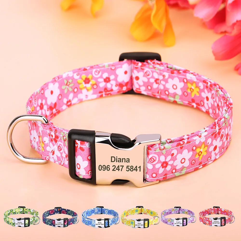 Nylon Flower Dog Collar Personalized Floral Print Dog Puppy Collars Customized Pet ID Collars for Small Medium Large Dog Pitbull