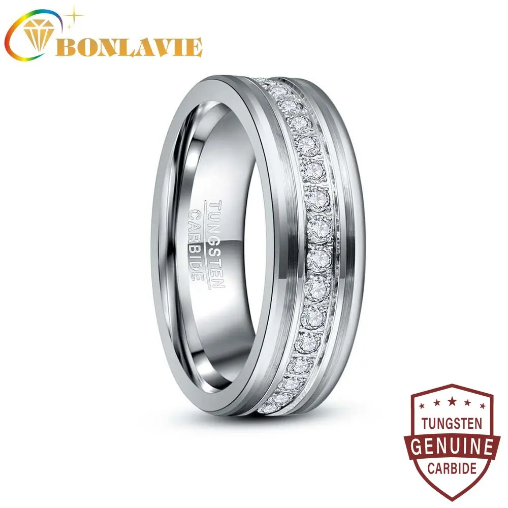 BONLAVIE 8mm Middle Row Zircon Tungsten Steel Ring Fashion Wedding Ring Jewelry Best Gift for Men Size 7-12