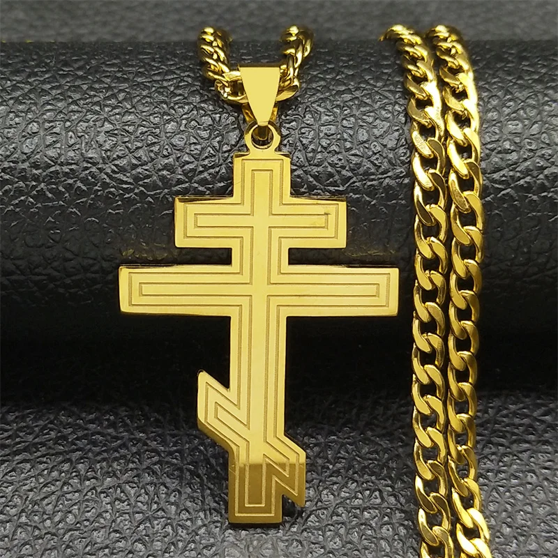 Russia Orthodox Cross Pendant Necklace for Women Men Stainless Steel Gold Color Christian Crucifix Chain Jewelry N8449S06