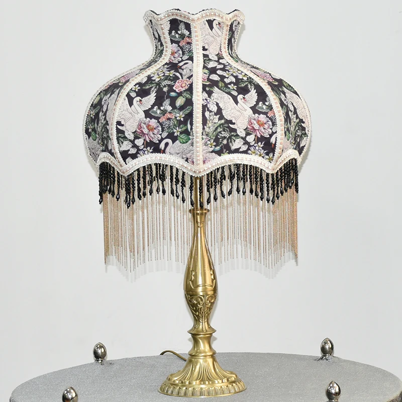 

European retro white swan copper bead chain full brass desk lamp lampshade household desk lamp bedroom living room study