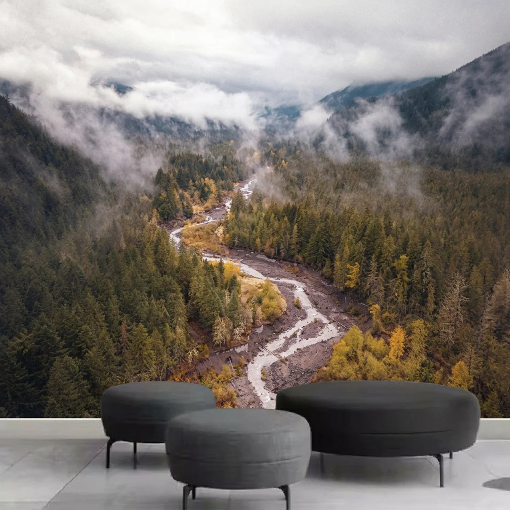 Self-adhesive material featuring winding streams and lush green forests, perfect for living room and bedroom background walls.