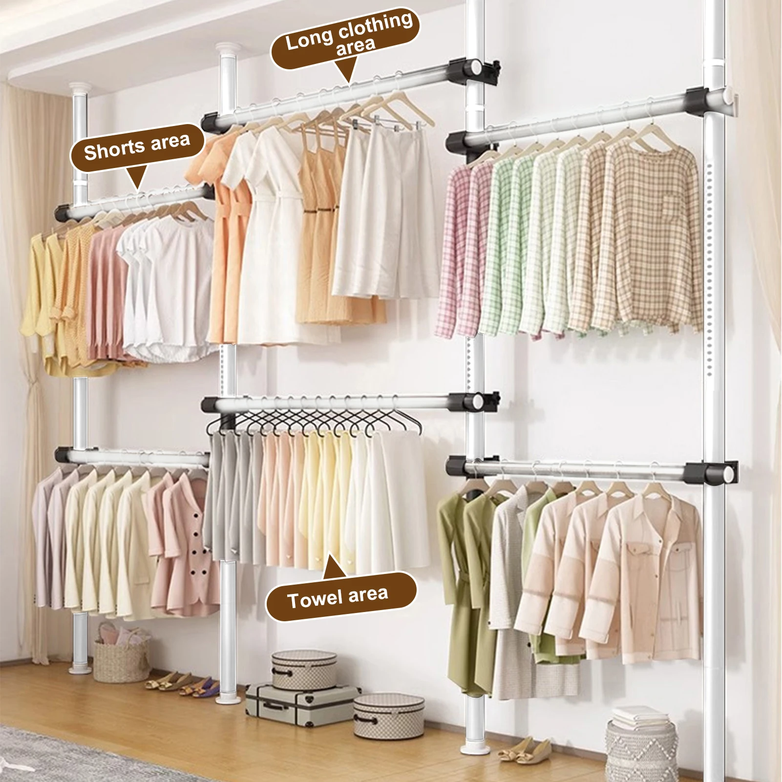 Teleskopische Kleiderstange, Stehende und ausziehbare Kleiderstange, Erweiterbares begehbares Kleiderschranksystem, Wandmontierte Metall-Kleiderständer-Organizer für Boutique, Apartment, Zuhause – Detail 7