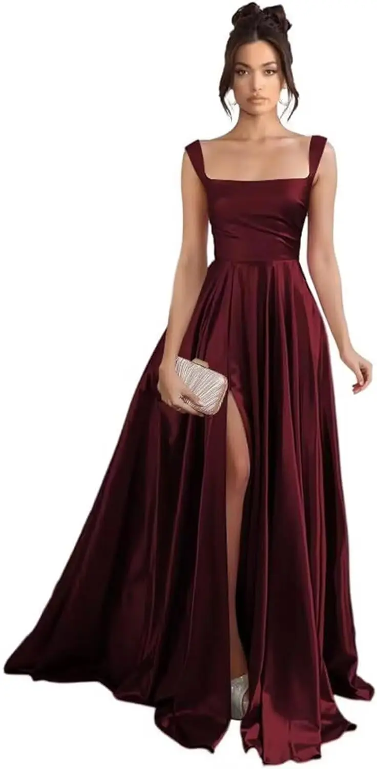 

Бордовое платье для выпускного вечера с разрезом и квадратным вырезом, атласные вечерние платья со складками для женщин, вечерние платья, вечернее платье, женское элегантное платье