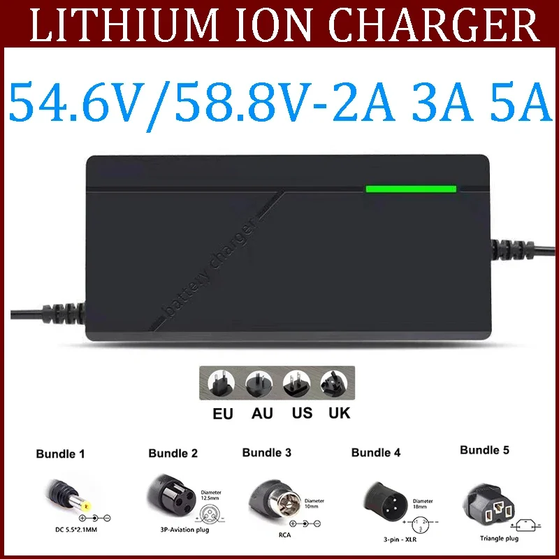 54.6V 58.8V 2A 3A 5A Lithium ion Battery Charger Suitable for 48V 52V 13S 14S Lithium ion Battery Pack Charging Fast Intelligent