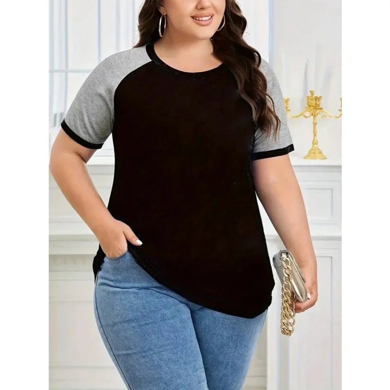 

Plus Size Women's 1XL-5XL Fashionable Round Neck Spliced Comfortable Short Sleeved T-shirt