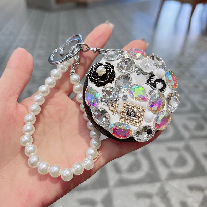 مرآة مكياج بلينغ دايموند ذات وجهين قابلة للطي، مرآة مستديرة محمولة بسلسلة من اللؤلؤ، مرآة جيب للسفر، زجاج زجاجي محمول باليد #3