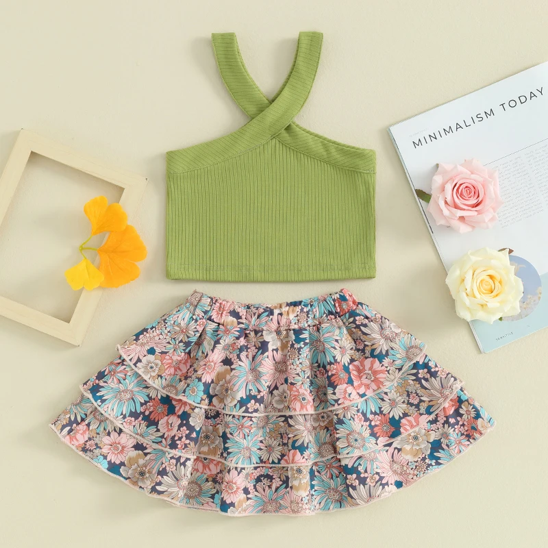 

Toddler Girl Crop Tops Skirt Set Solid Ribbed Shirt Sleeveless Cut Out Tank Top Floral Print Ruffle Hem Skirt Outfit