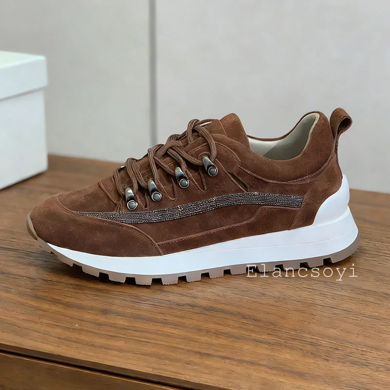 Sneakers Women Suede Round Toe Lace Up String Bead Flat Shoes Comfort Casual Shoes Spring Autumn Thick Bottom Daddy Shoes