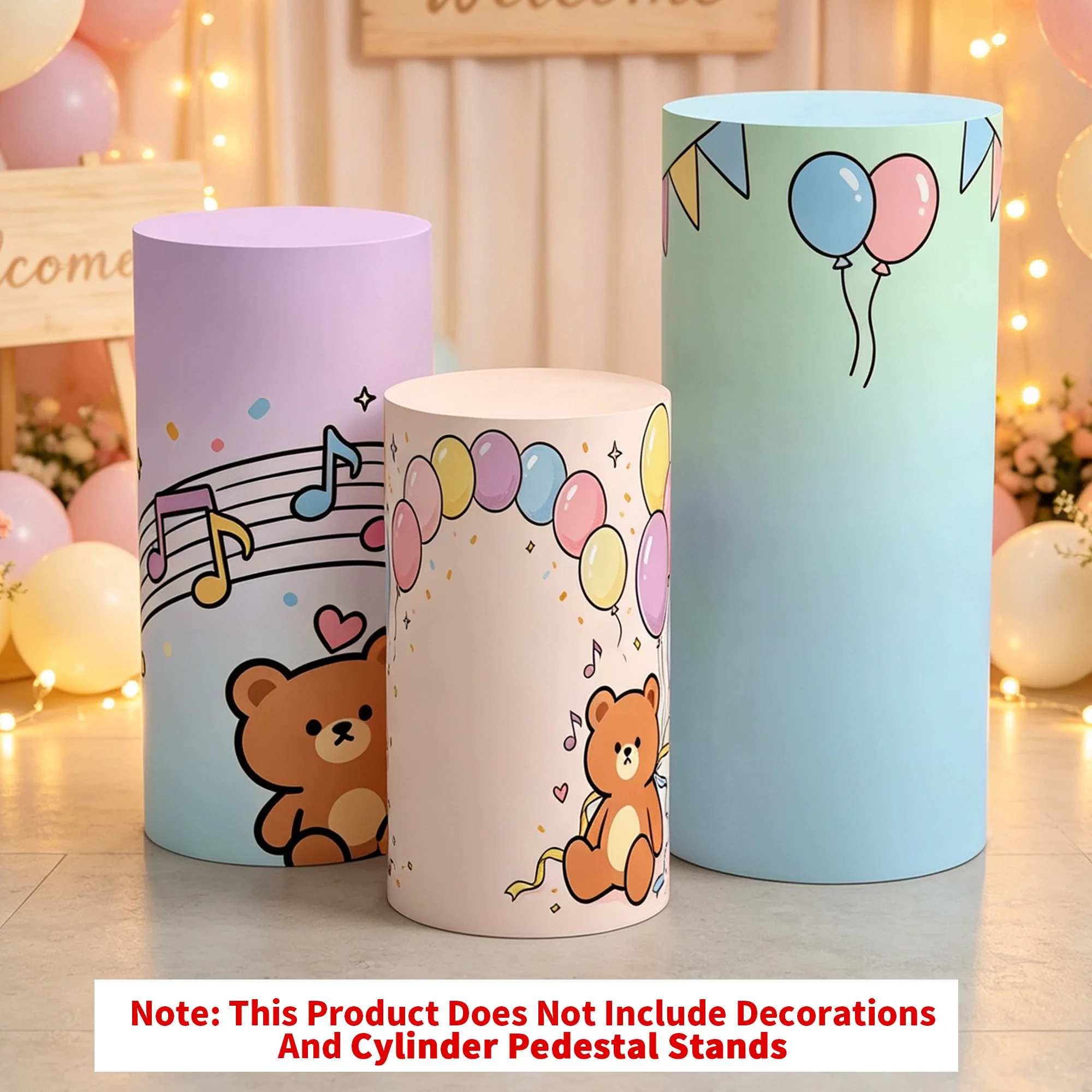 3 Pieces, Music Bear Dessert Table Cylinder Column Covers, Elastic Party Cylinder Covers for Wedding, Birthday, and Anniversary Decorations, Garden Outdoor Festival Decorations, Only Includes the Cylinder Column Cover, Does Not Include the Cylinder Column