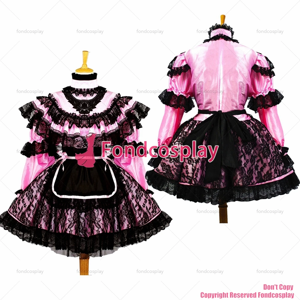 fondcosplay adult sexy cross dressing sissy maid short Pink Satin Lockable Uniform Dress black apron lace Custom-made[G661]