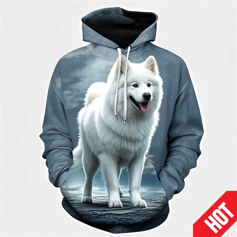 Cute Samoyed Pattern Hoodies Fashion Casual Long Sleeve Funny Dogs Animals 3D Printed Pullovers Mens Kids Harajuku Casual Hoody