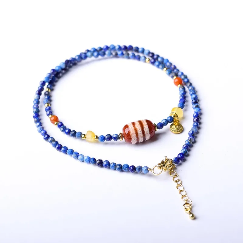 Natural Lapis Lazuli Faceted Bead Necklace Red Meat Linear Dzi Bead Clavicle Chain Gifts