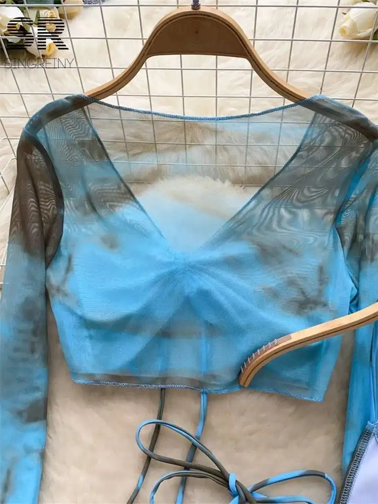 BabYoung Ternos Sexy Mulheres Verão Regata + Leggings Triangulares + Camisa de Manga Longa + Saia Curta Bodycon Conjuntos de 4 Peças de Férias