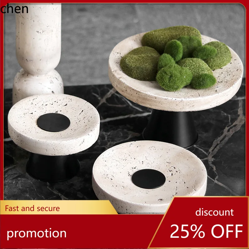 

H1 wabi-sabi style tray ornaments tall round fruit plate imitation yellow travertine storage tray decorations