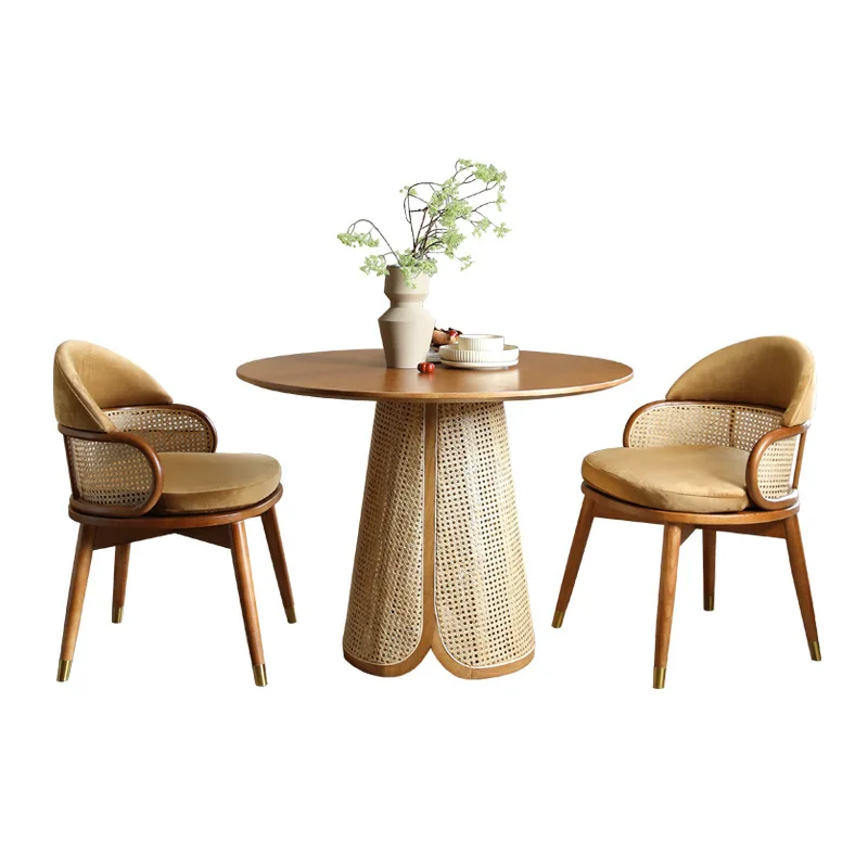 

Nordic solid wood round table small apartment home modern simple rattan dining table and chair combination Internet celebrity hi