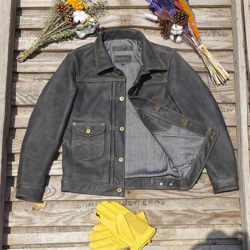 

Curphey Men's Leather Jaet Fog Wax Hide Denim Sle Youthful Casual ort Fit with Multiple kets Single Button