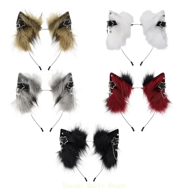 

N5KB Realistic Furry Cats Ear Headbands with Earrings for Halloween Parties and Costume Play