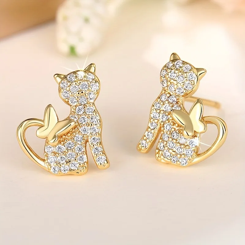 Elegant Cat Earrings Synthetic Zirconia Cute Animal Theme Jewelry Perfect for Women's Daily Wear and Party Gifts