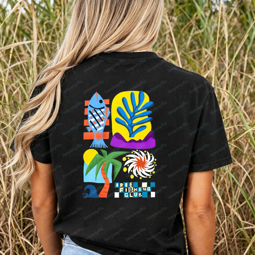 Retro Abstract Summer T-Shirt Women Matisse Style Fish Palm Tree Graphic Casual Short Sleeve Cotton Tops Beach Vacation Shirts